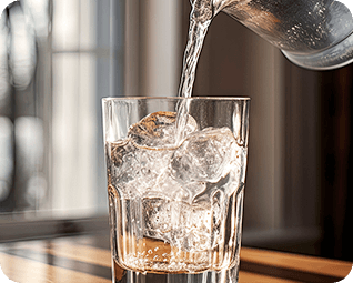 Water being poured into a glass full of ice.