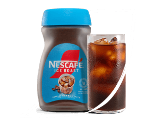 NESCAFÉ® Ice Roast packaging next to a glass of coffee filled with ice in a leaf outline on a blue surface.