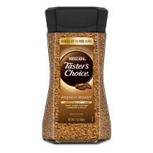 A jar of Taster’s Choice French Roast with a black cap and gold label.